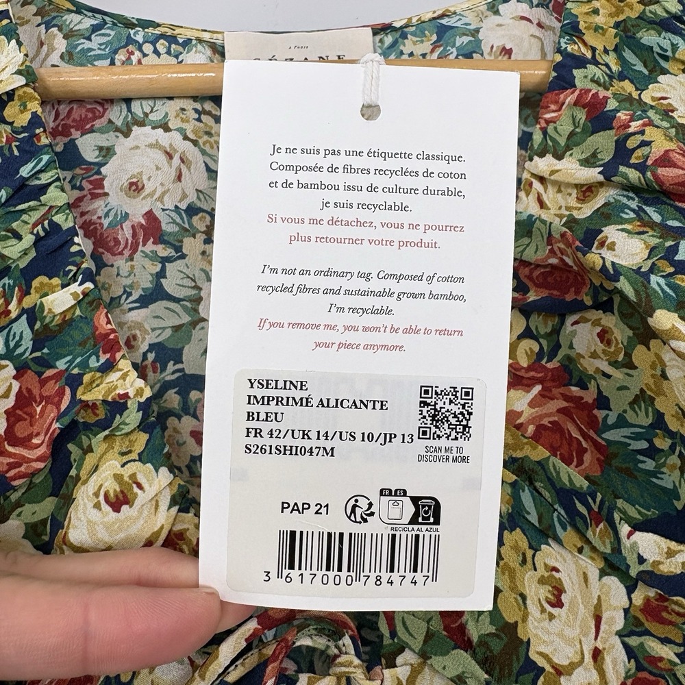 Sézane Yseline Shirt Alicante Blue Print Sz 42 Silk Floral Ruffle - Picture 6 of 13